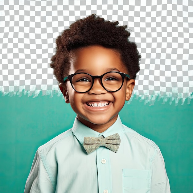 A Amused Child boy with Short Hair from the African ethnicity dressed in Kindergarten Teacher attire poses in a Eyes Looking Over Glasses style against a Pastel Turquoise background