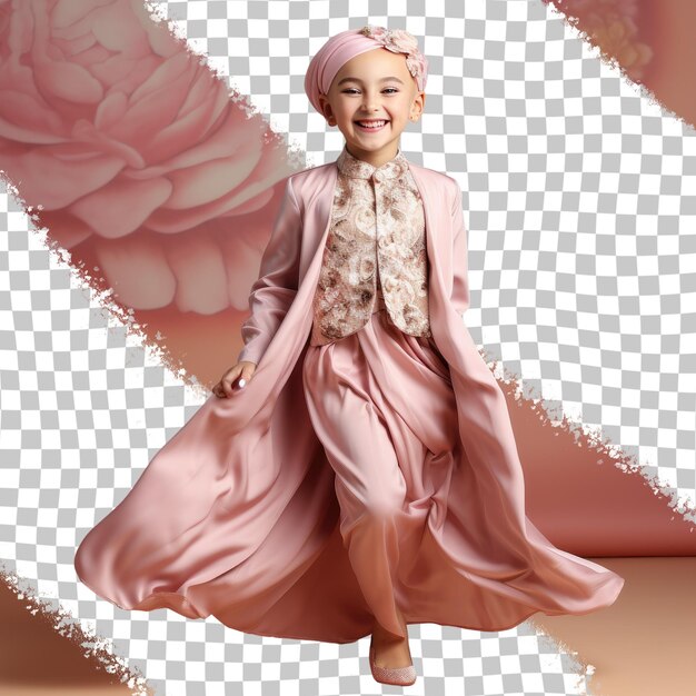 PSD a amused child girl with bald hair from the asian ethnicity dressed in copywriter attire poses in a full length with flowing dress style against a pastel rose background