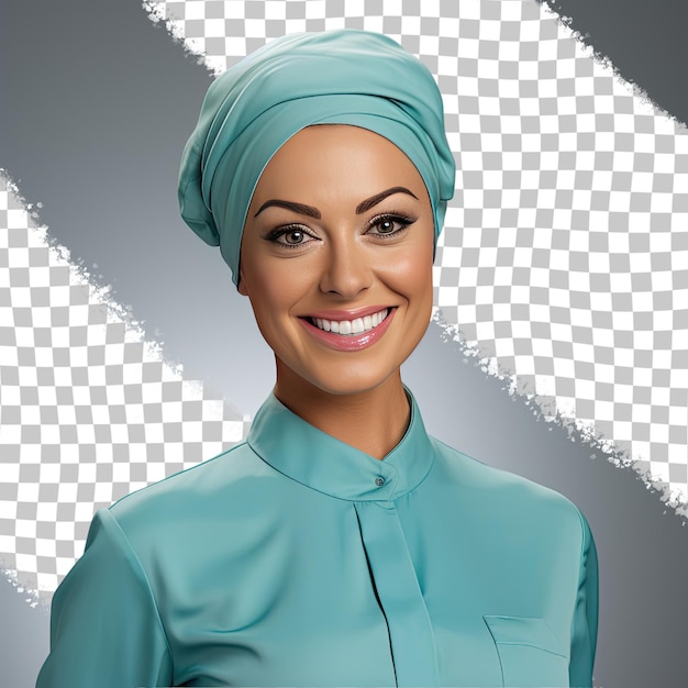 PSD a amused middle aged woman with bald hair from the middle eastern ethnicity dressed in flight attendant attire poses in a casual hair tug style against a pastel teal background