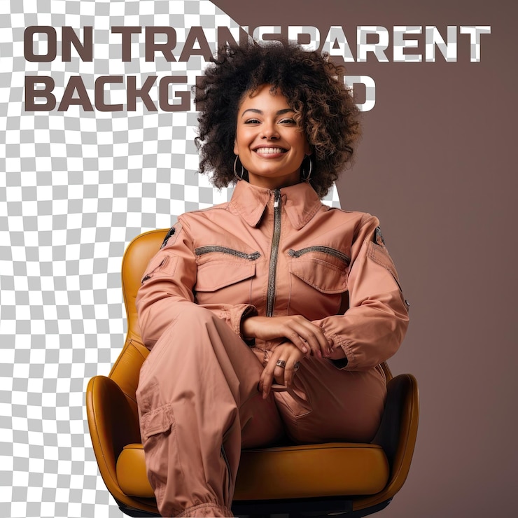 PSD a amused middle aged woman with kinky hair from the african ethnicity dressed in commercial pilot attire poses in a seated pose with crossed legs style against a pastel beige background