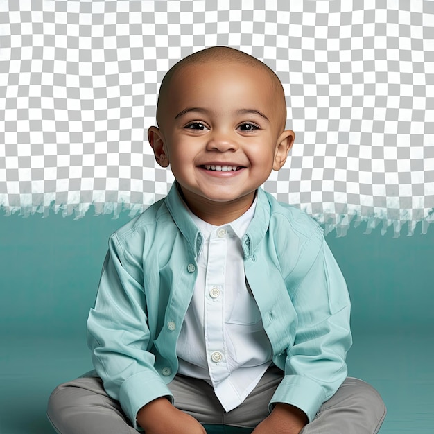 PSD a amused preschooler boy with bald hair from the african ethnicity dressed in editor attire poses in a leaning forward with elbows on knees style against a pastel turquoise background