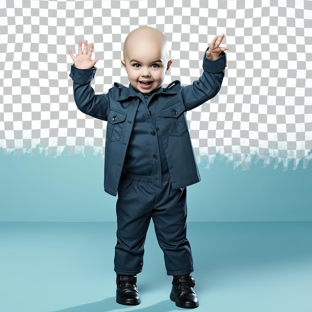 PSD a amused preschooler girl with bald hair from the nordic ethnicity dressed in crime scene investigator attire poses in a standing with arms raised style against a pastel blue background