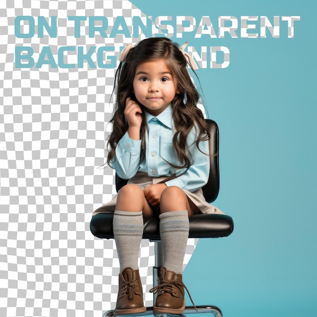 PSD a amused preschooler girl with long hair from the native american ethnicity dressed in journalist attire poses in a seated with one hand raised style against a pastel blue background