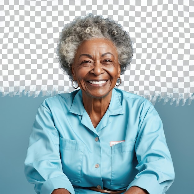 PSD a amused senior woman with wavy hair from the african american ethnicity dressed in plumber attire poses in a sitting with hands clasped style against a pastel mint background