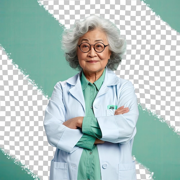 PSD a amused senior woman with wavy hair from the asian ethnicity dressed in microbiologist attire poses in a serious stance with folded arms style against a pastel mint background