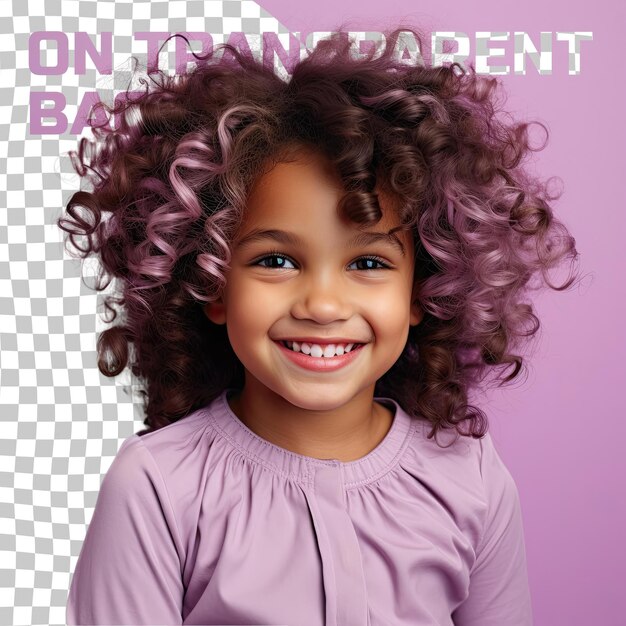 PSD a amused toddle girl with curly hair from the hispanic ethnicity dressed in drawing comics attire poses in a leaning against a wall style against a pastel lilac background