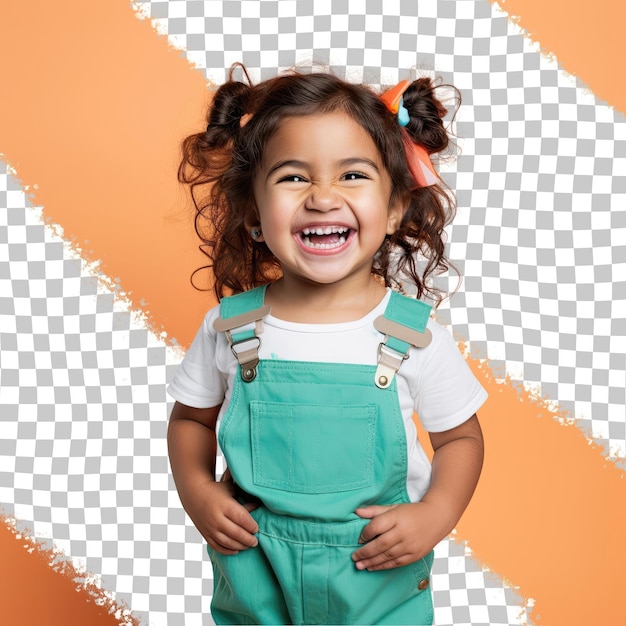 A Amused Toddler woman with Wavy Hair from the Southeast Asian ethnicity dressed in Doing DIY projects attire poses in a Leaning Against a Wall style against a Pastel Mint background