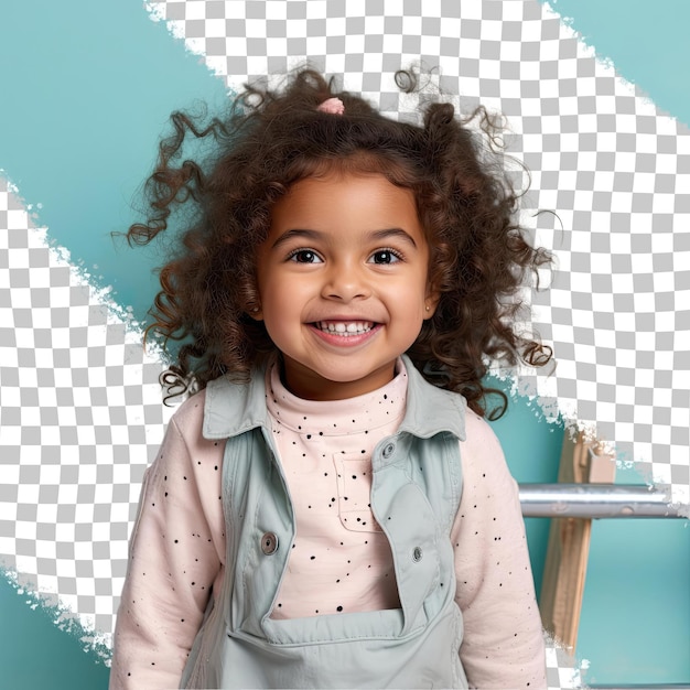 A Amused Toddler woman with Wavy Hair from the Southeast Asian ethnicity dressed in Doing DIY projects attire poses in a Leaning Against a Wall style against a Pastel Mint background