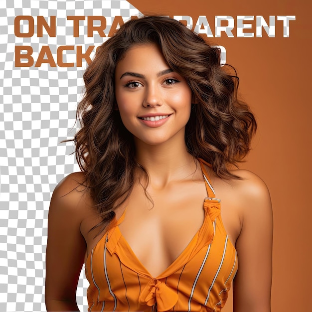 PSD a amused young adult woman with wavy hair from the hispanic ethnicity dressed in playing basketball attire poses in a elegant hand on neck style against a pastel tangerine background