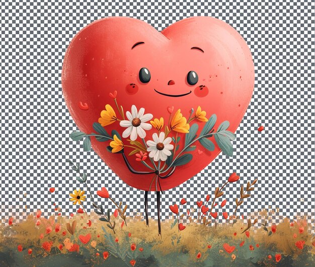 PSD amusing cartoon heart holding bouquet of flowers isolated on transparent background