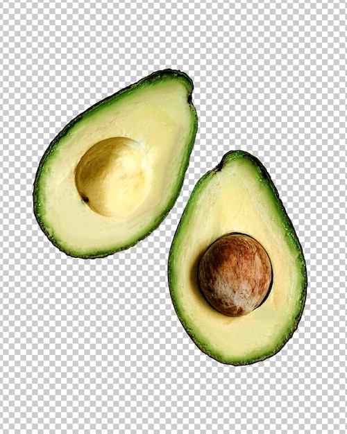 an avocado with a cut in half sits on a white background
