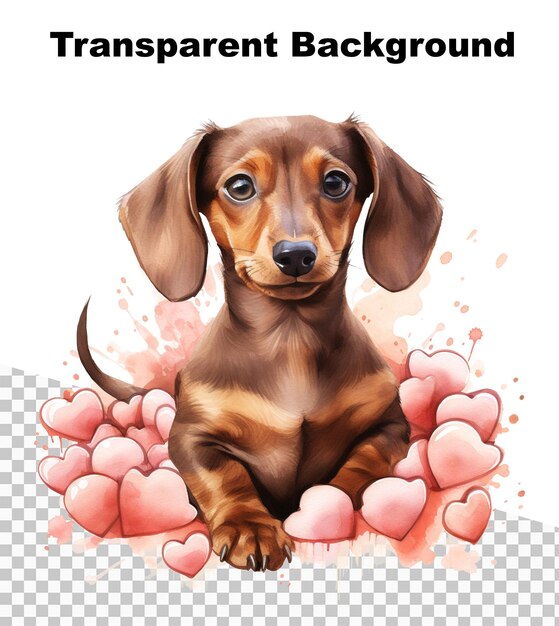 PSD Иллюстрация маленькой собачки с сердцами валентина на прозрачном фоне