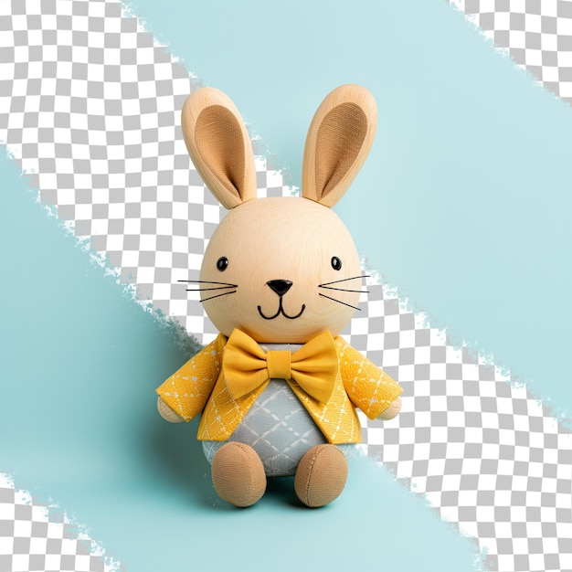 PSD Изолированное фото деревянного пасхального кролика с желтым галстуком-бабочкой на прозрачном фоне