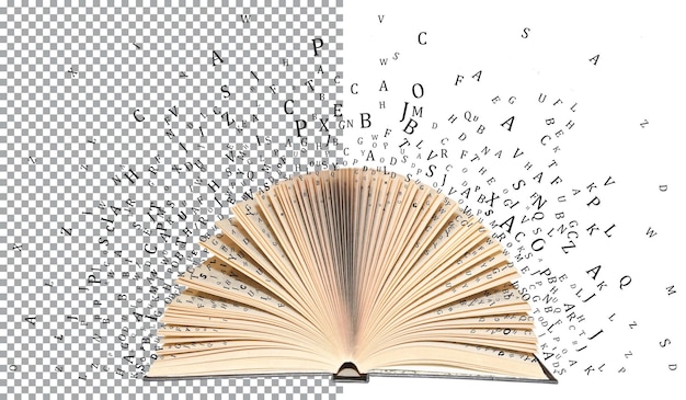 An open book from which letters fly in different directions, on a transparent PSD layer.