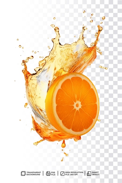 PSD オレンジがオレンジ ジュースのしぶきの中に飛び散る