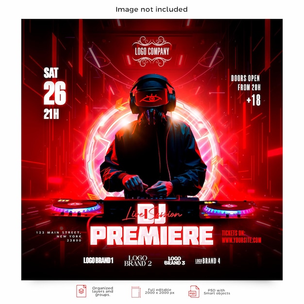 An urban neon party square poster with a DJ with his console on a red futuristic background