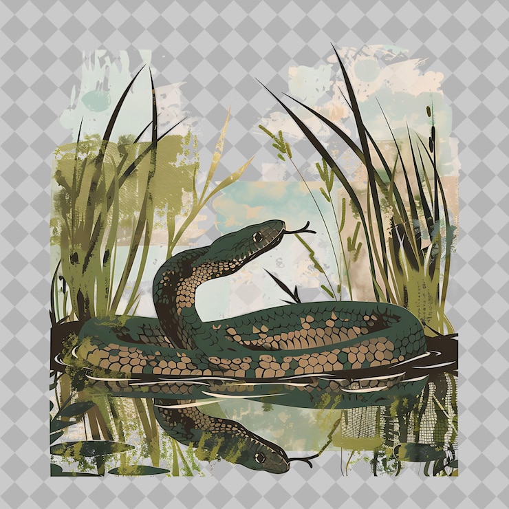 PSD anaconda inside a silhouette rectangle wetland adorned with png watercolor wild life collections