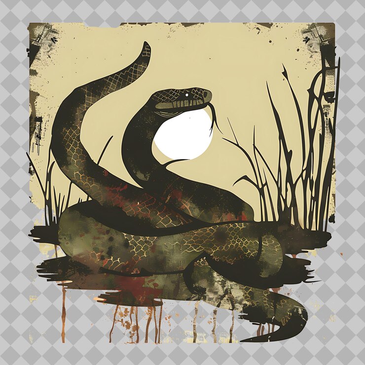 PSD anaconda inside a silhouette rectangle wetland adorned with png watercolor wild life collections