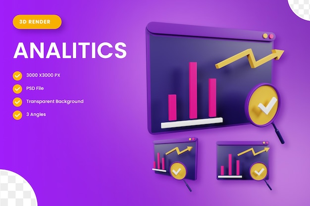 PSD illustrazione dell'icona 3d di analitics per l'interfaccia utente del sito web e l'illustrazione di rendering 3d della presentazione