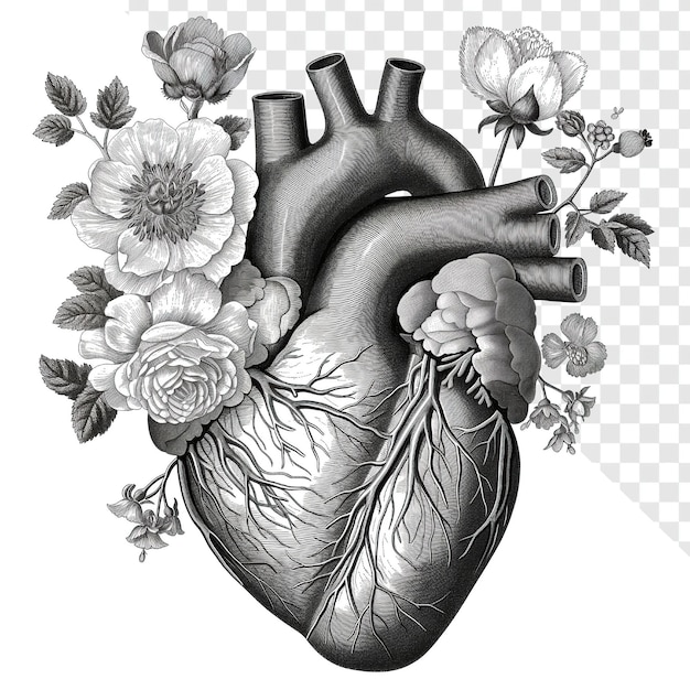 PSD anatomically correct human heart with monochrome floral designpsd