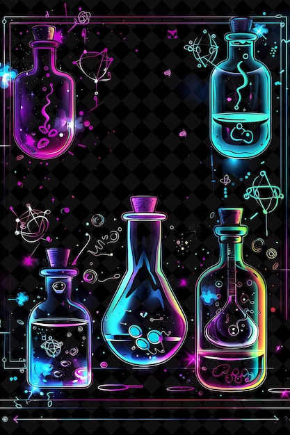 Ancient alchemists laboratory arcane frame with bubbling pot neon color frame y2k art collection