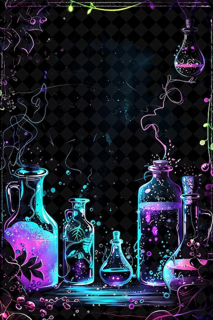 PSD ancient alchemists laboratory arcane frame with bubbling pot neon color frame y2k art collection