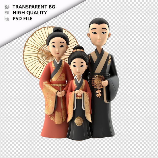 PSD ancient asian family 3d cartoon style white background is