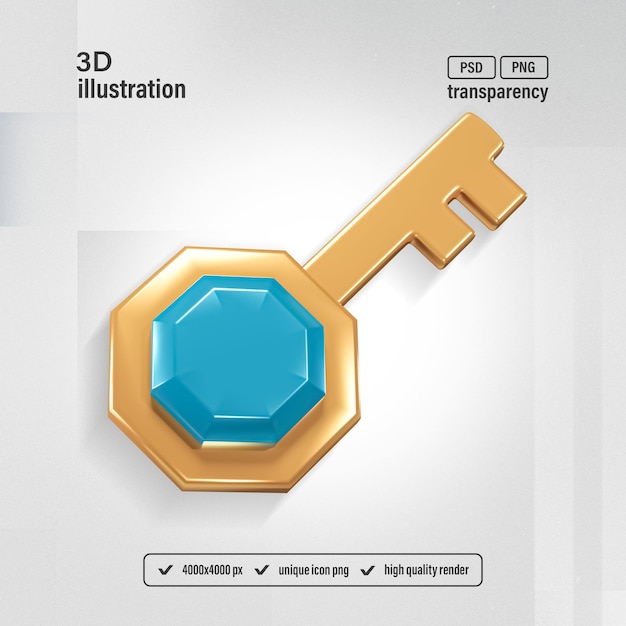 Antica chiave d'oro con pietra preziosa icona di gioco render 3d isolato illustrazione