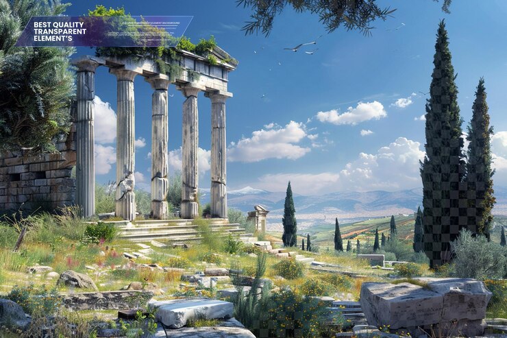 PSD ancient greek ruins under a clear mediterranean sky on transparent background