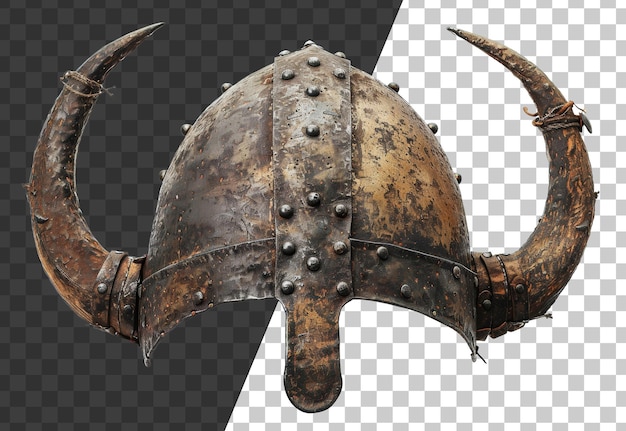 Ancient Norse Viking helmet with intricate metalwork and horns on transparent background stock png