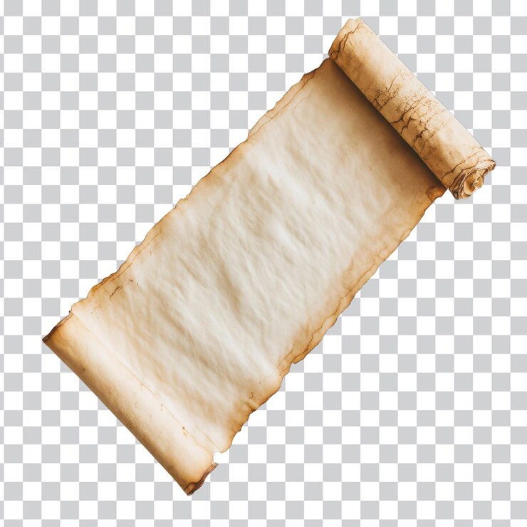 PSD ancient parchment scroll for historical documentation on transparent background