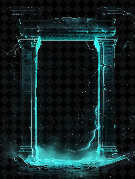 PSD ancient ruins arcane frame with crumbling stone pillars and neon color frame y2k art collection