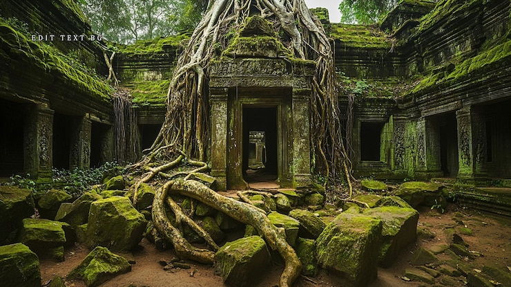 PSD ancient stone temple ruins overgrown with lush green moss and massive tree roots in a jungle