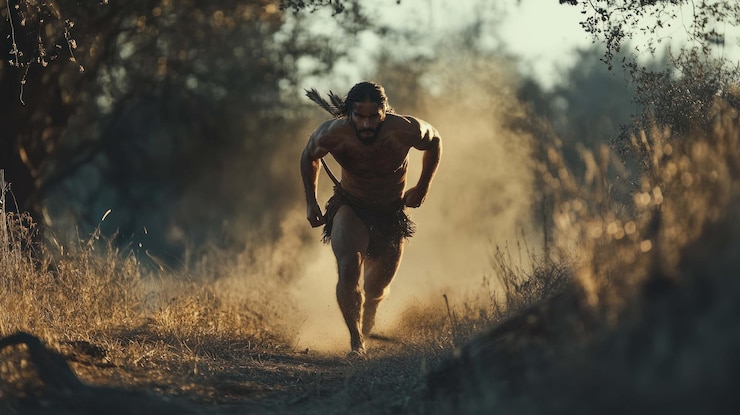 PSD ancient warriors sprint a dramatic depiction of a powerful hunter in motion through sunlit woodland