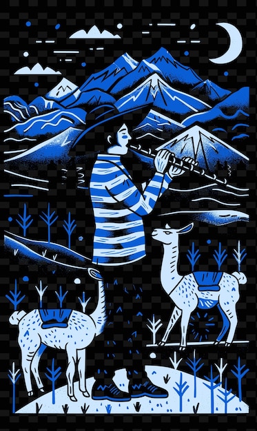 PSD suonatore di flauto pan-andino che si esibisce in un paesaggio montuoso w illustrazione vettoriale idea di poster musicale