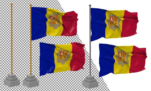 PSD bandiera di andorra che sventola uno stile diverso con un palo di supporto isolato rendering 3d