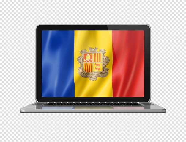 Andorran flag on laptop screen isolated on white 3d illustration