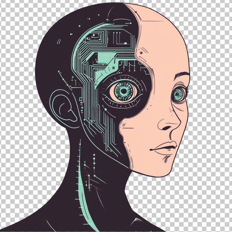 PSD an android with half its face peeled away to side on transparent background