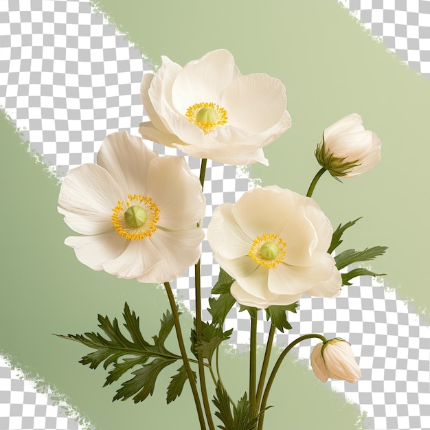 PSD anemone flowers in white against a transparent background