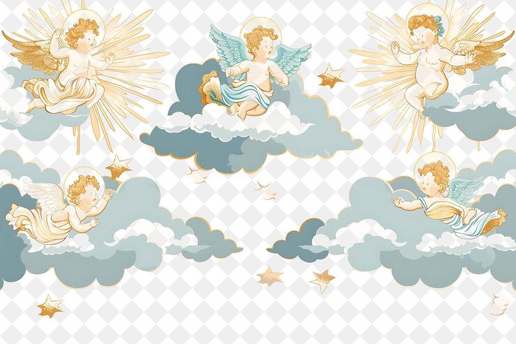 PSD 雲の上の天使と白い背景の天使