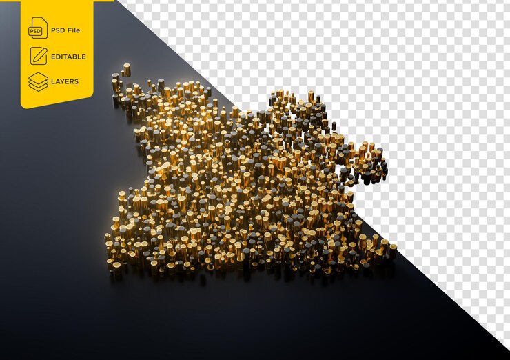 PSD карта анголы, сделанная из высококачественных золотых металлических медных медных столбов 3d-иллюстрации