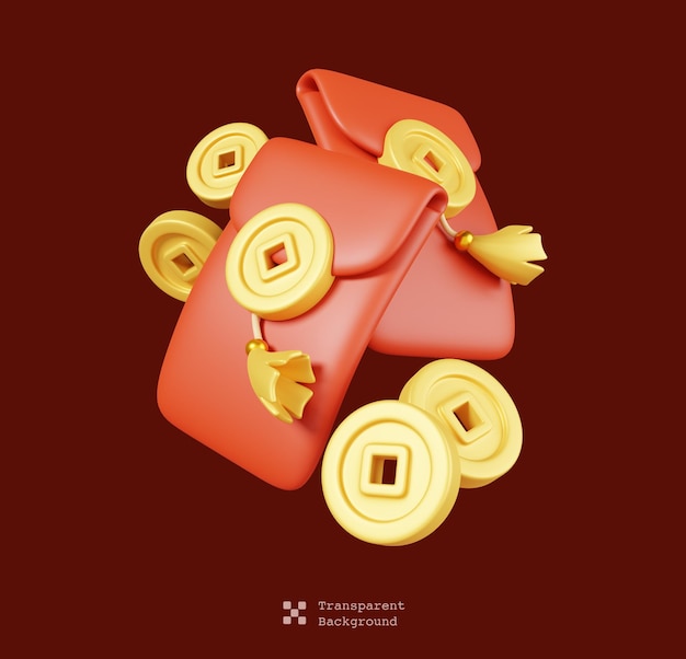 PSD angpao aka. cny buste rosse e monete d'oro isolate. icona degli elementi del capodanno cinese. rendering 3d