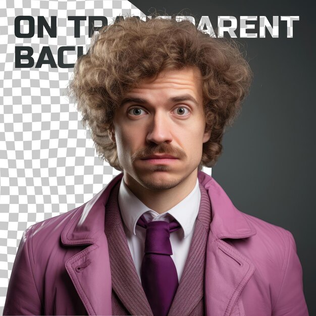 A angry adult man with curly hair from the slavic ethnicity dressed in immunologist attire poses in a profile with dramatic lighting style against a pastel mauve background