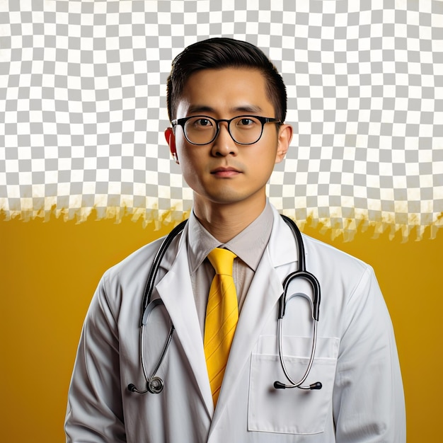 PSD a angry adult man with short hair from the southeast asian ethnicity dressed in pediatrician attire poses in a elegant hand on neck style against a pastel lemon background