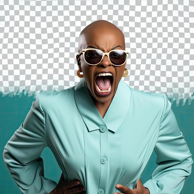 A angry adult woman with bald hair from the african ethnicity dressed in database administrator attire poses in a dramatic shadow play style against a pastel teal background