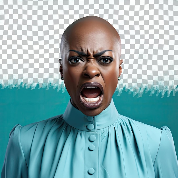 PSD a angry adult woman with bald hair from the african ethnicity dressed in database administrator attire poses in a dramatic shadow play style against a pastel teal background