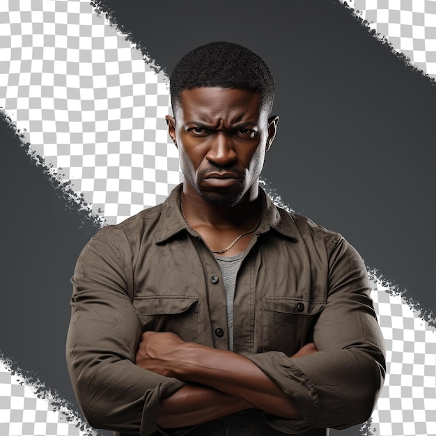 PSD angry african man with folded arms isolated on transparent background staring at camera
