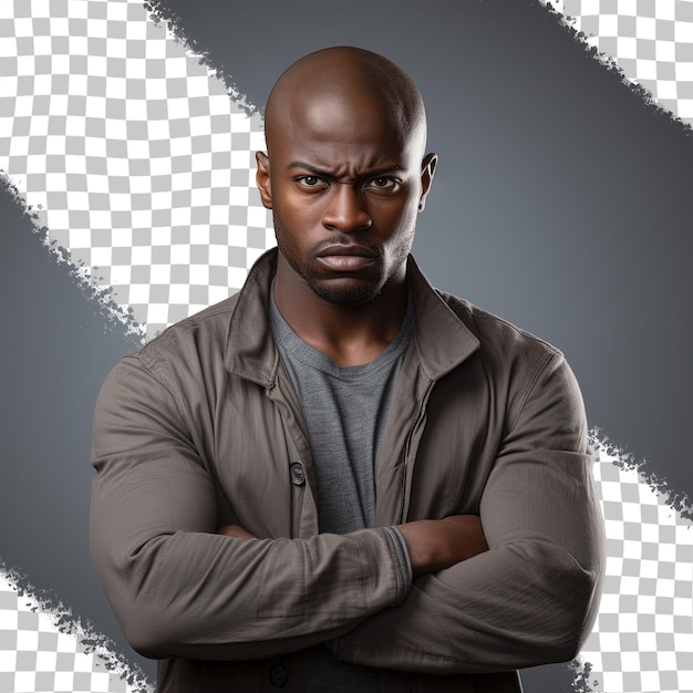 PSD angry african man with folded arms isolated on transparent background staring at camera