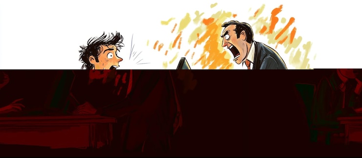 PSD angry boss yelling at shocked employee on phone at desk