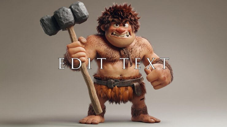 PSD angry cartoon caveman holding a large stone hammer